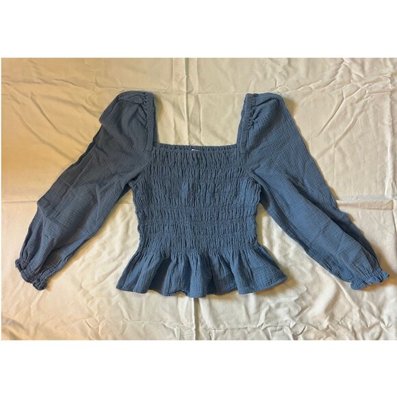 J. Crew Factory Women's Long-Sleeved Gauze Smocked Top in Blue, Size Medium - Picture 1 of 3